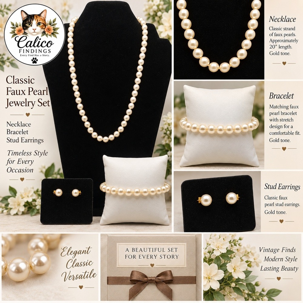 Classic Faux Pearl Jewelry Set Necklace Bracelet Stud Earrings Gold Tone Cream